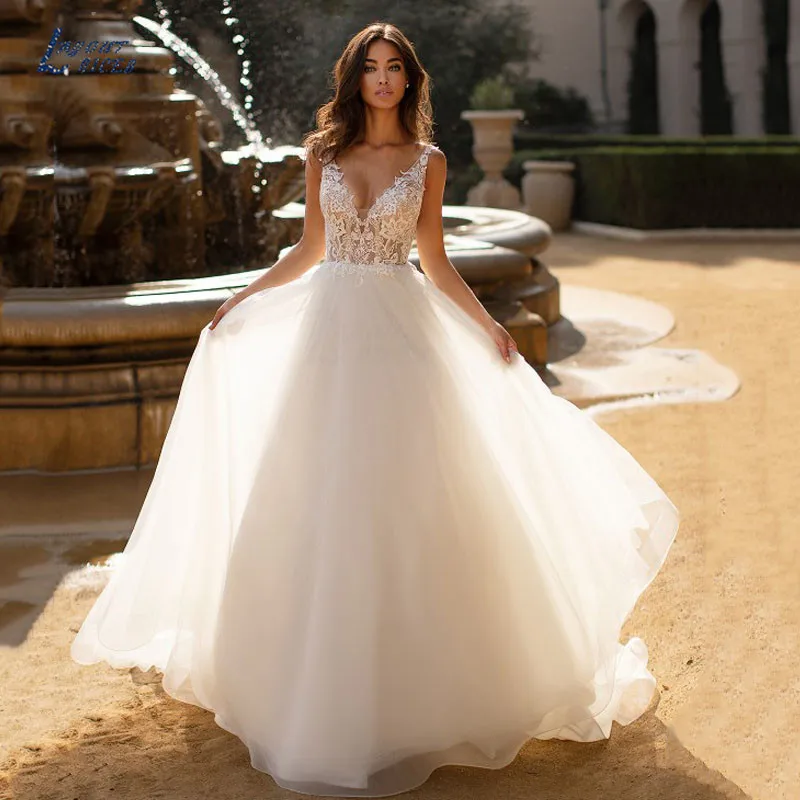

Sexy Beach Sleeveless Backless Wedding Dresses 2021 Appliques Boho Bride Dresses A-Line Vestido De Noiva Sweep Wedding Gowns