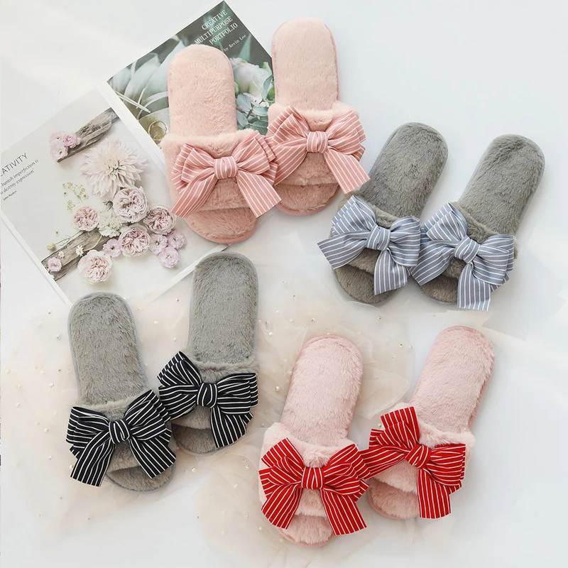 Wholesale Promotion Plush bow Slippers Cute Funny Home Slipper House Shoes for Women Men
