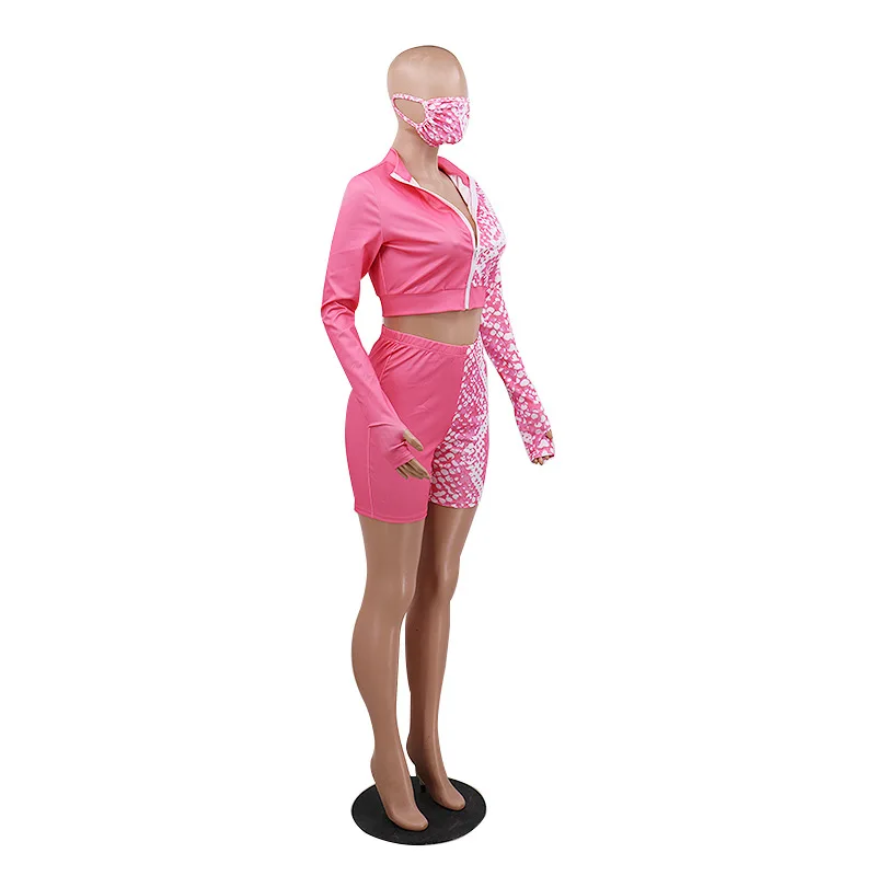 

Women's long sleeve print Mosaic casual sportswear stand collar zipper crop top and tight shorts three-piece set