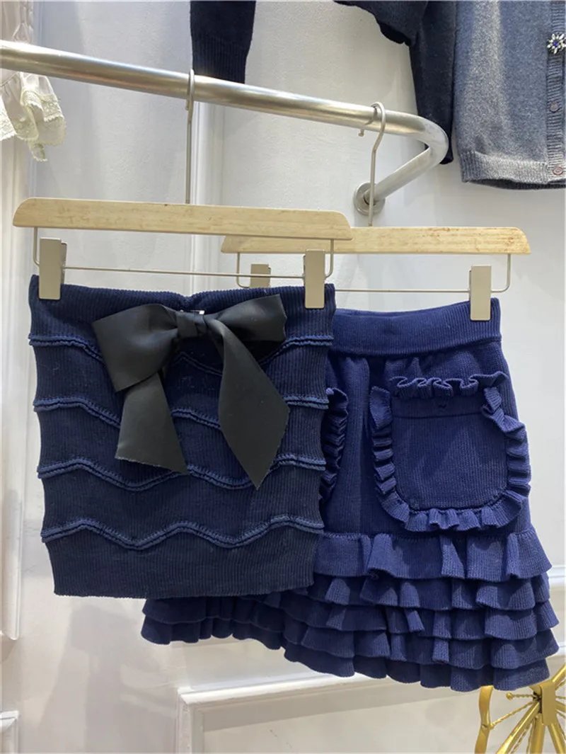 

2021 New Summer Sexy Knitted Bodycon 2 Piece set women Bowknot Tight Crop Tops With Cascading Ruffled Multi-layered Mini Skirt