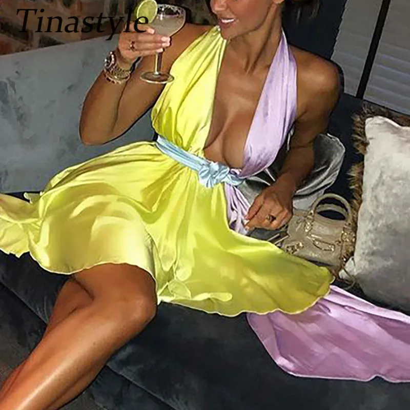 

Женское атласное мини-платье Tinastyle, с V-образным вырезом и открытой спиной