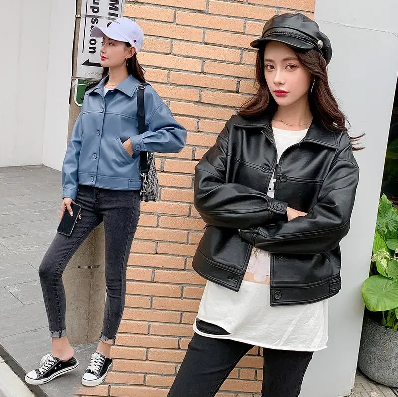 2019 New Fashion Japan Women Smooth Motorcycle Faux Leather Jackets Ladies Long Sleeve Autumn Biker Streetwear Black Blue Coat