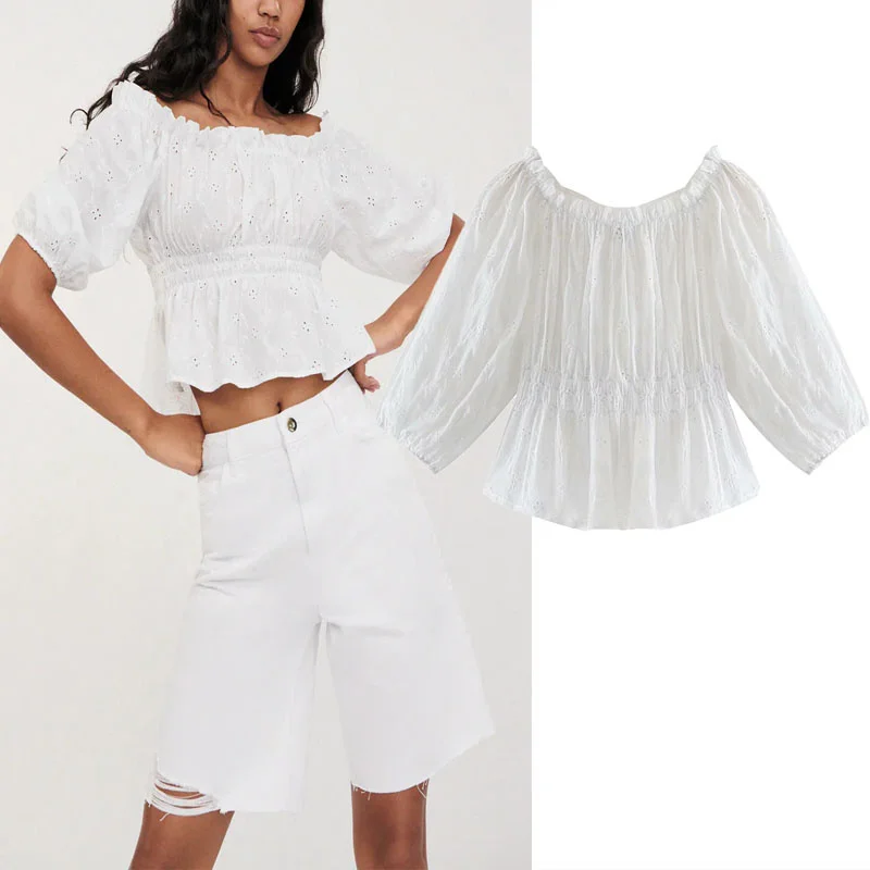 

Женская блузка с вышивкой Za, белый ажурный укороченный топ с эластичным вырезом и коротким рукавом, лето 2021