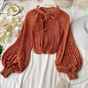 Блузка женская летняя с длинным рукавом, круглым вырезом и бантом, Женский в Корейском стиле