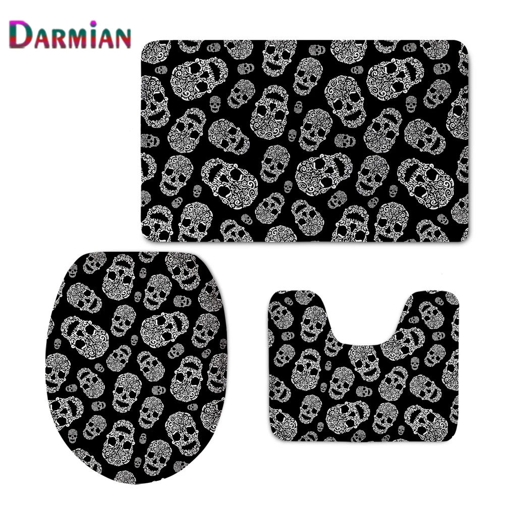 

2021 Classic Sugar Skulls Design Bathroom Toilet Seat Cover Set Carpet Washable Washroom Floor Non-slip Rugs Home Accessories