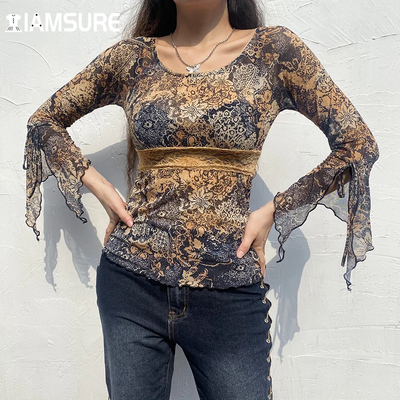 

IAMSURE Vintage Patchwork Lace T Shirt Women Casual Slim See Through Flare Sleeve Tees Grunge Fairycore Tops 2021 Streetwear