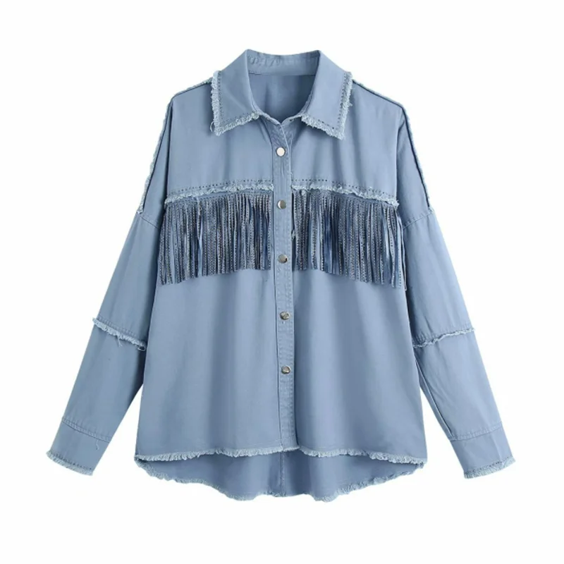

Denim Jacket Women Fashion Tassel Frayed with Fringe Jeans Coat Women Autumn Vintage Long Sleeve Jean Jacket Outerwear Chic Tops