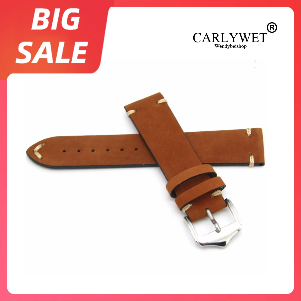

CARLYWET 20 22mm Top Real Calf Suede Luxury Leather Handmade Orange Brown Watch Band Silver Steel Buckle For Diesel Tissot Rolex