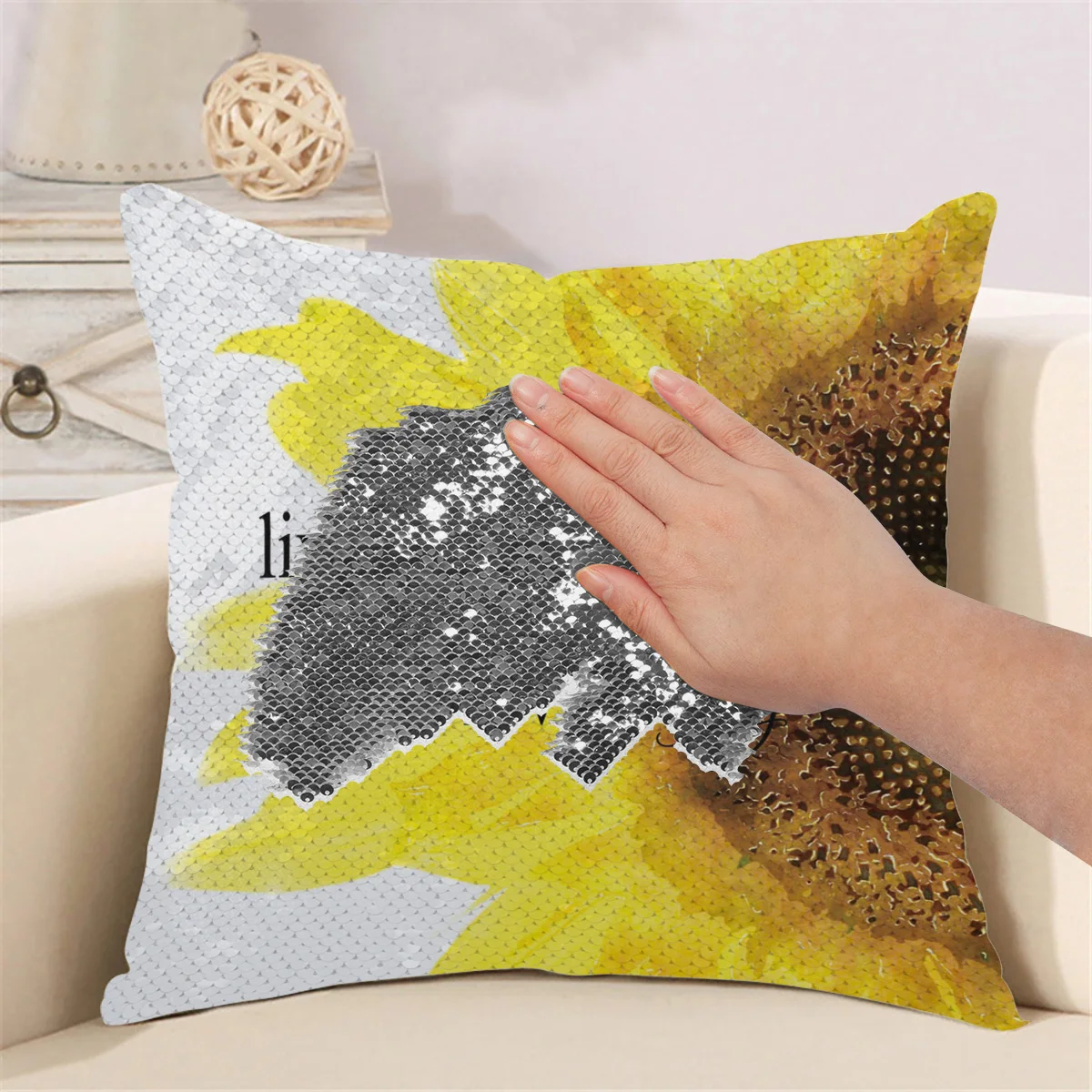 Silver Sequins Pillow Case Live Simple Laugh Love Sunflower Print For Kids Room Square Throw Magic Reversible Sequin Pillowcases |