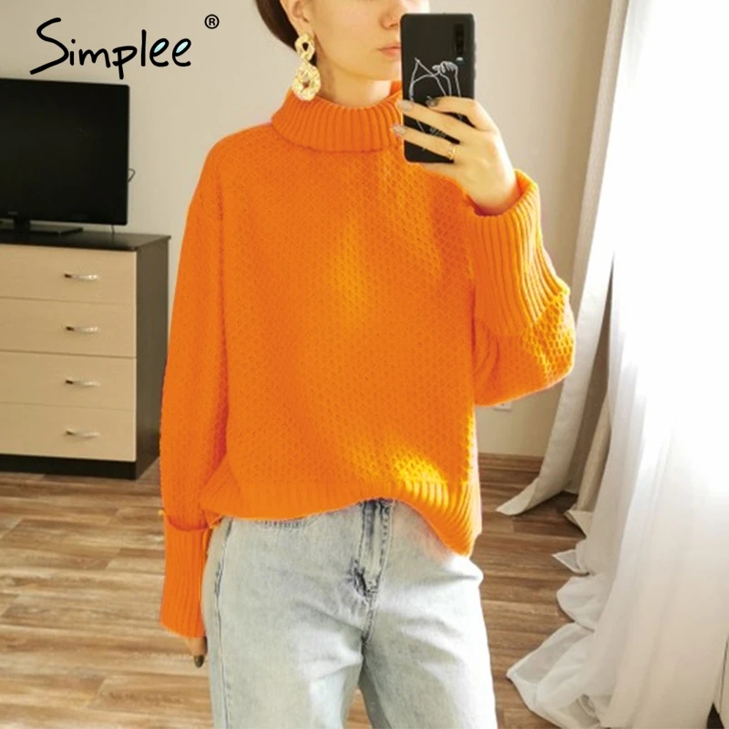 SimpleeОранжевый водолазка вязаный женский пуловер свитер Vintage дамы с длинным
