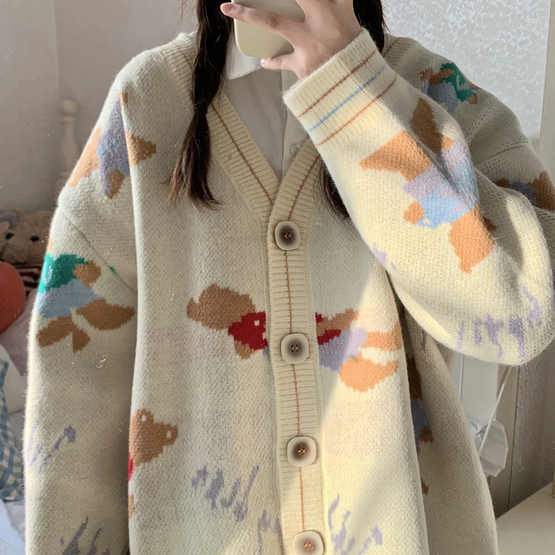 

Women Sweater And Cardigans V Neck Cute Cartoon Bear Embroidery Loose Kntting Cardigans Lovely Korean Bear Knitted Jacket Coat
