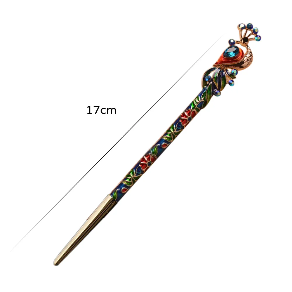 

1 Pcs Retro Hairpin Cloisonne Enamel Crystal Peacock Hair Stick Hairpin Chinese Style Handmade Women Girl Accessories Gifts