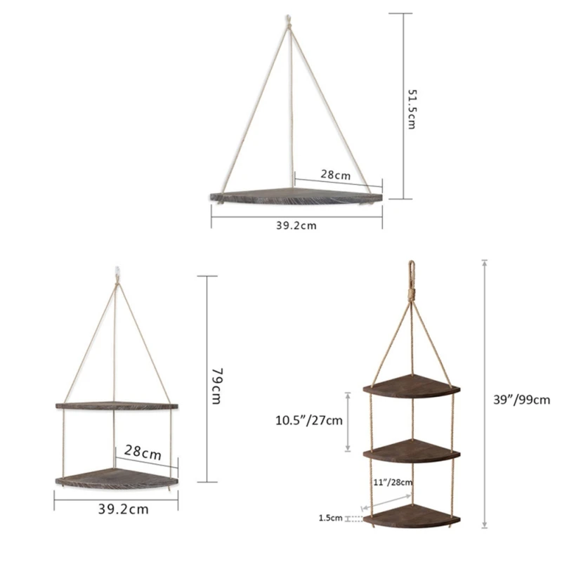 

Retro Hanging Rack Corner Shelf Displays Storage Rack Jute Rope Wood Wall Floating Shelves Wall Decoration