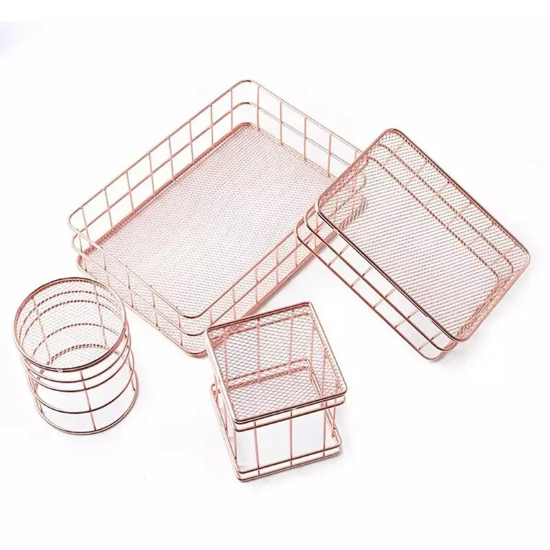 

Rose Gold Iron Art Nordic Makeup Organizer Basket Eyeliner Brush Set Storage Cup Dressing Table Makeup Cosmetic Organizer Box
