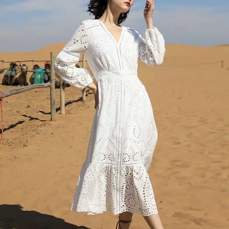 Женское платье с длинным рукавом в стиле бохо хлопковое вырезом лодочкой и