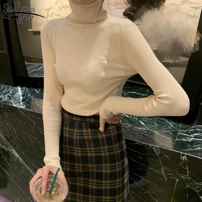 

Knitted Turtleneck Elastic Women's Turtleneck Autumn Long Sleeve Cotton Clothes Women's Knitwear Slim Sweater Sueter Mujer 10607