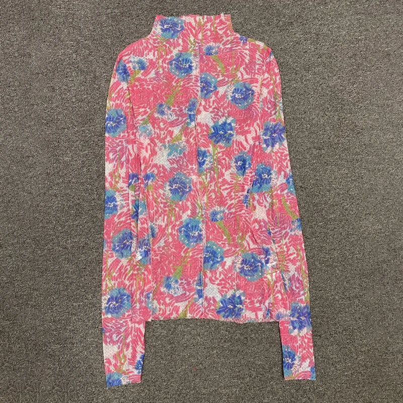 

VGH Print Colorblock Casual Women's T-shirts Half High Collar Long Sleeve Korean Fashion T-shirt Female Clothing Autumn 2021 New