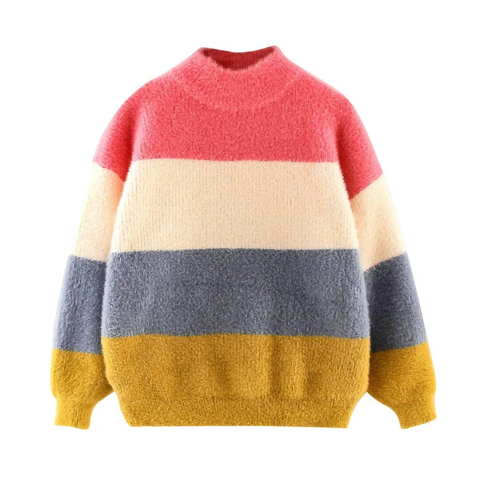 

Весенние свитера iairay для девочек, пуловер в цветную полоску, повседневный Свободный вязаный свитер, топ, рубашка, детская одежда для возраст...