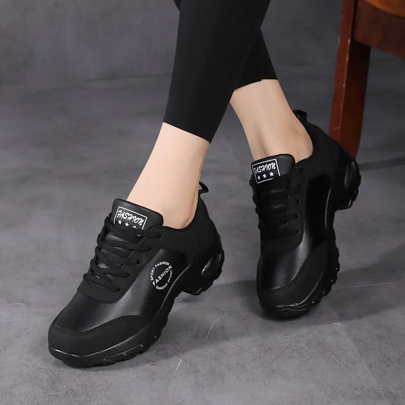 ZHENZU 2022 New Leather Black Running Shoes Air Cushion Women Sport Sneakers Tennis Trainers Gym Walking zapatillas de deporte