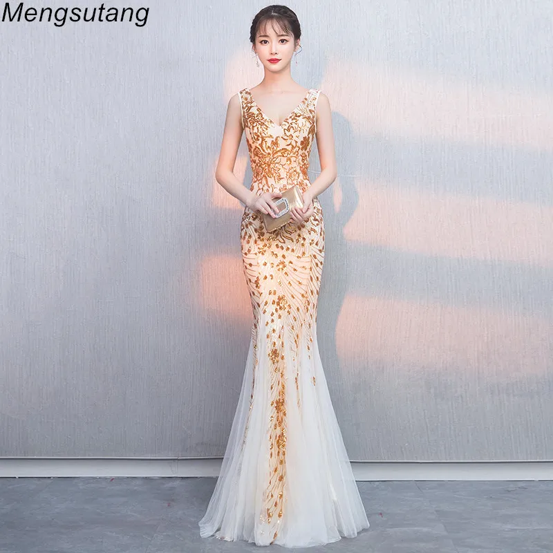 Женское вечернее платье-русалка Элегантное Длинное золотистое платье с