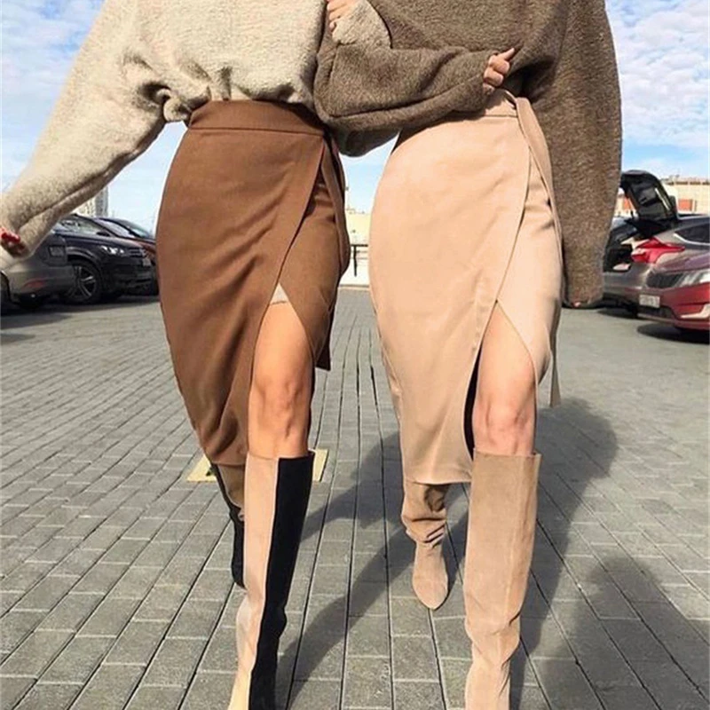 GALCAUR Sxy Skirt Women High Waist Lace Up Batwing Slim Side Split Elegant Midi Skirts Female 2020 Spring Summer Fashion Clothes | Женская