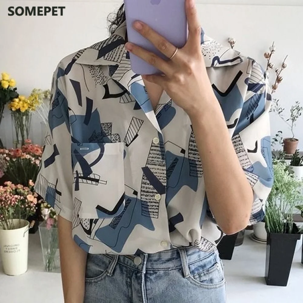 

Blouses Women Chic Vintage Printed New Summer Harajuku Ladies Streetwear Popular All-match Short Sleeve Pocket Womens Shirts Top