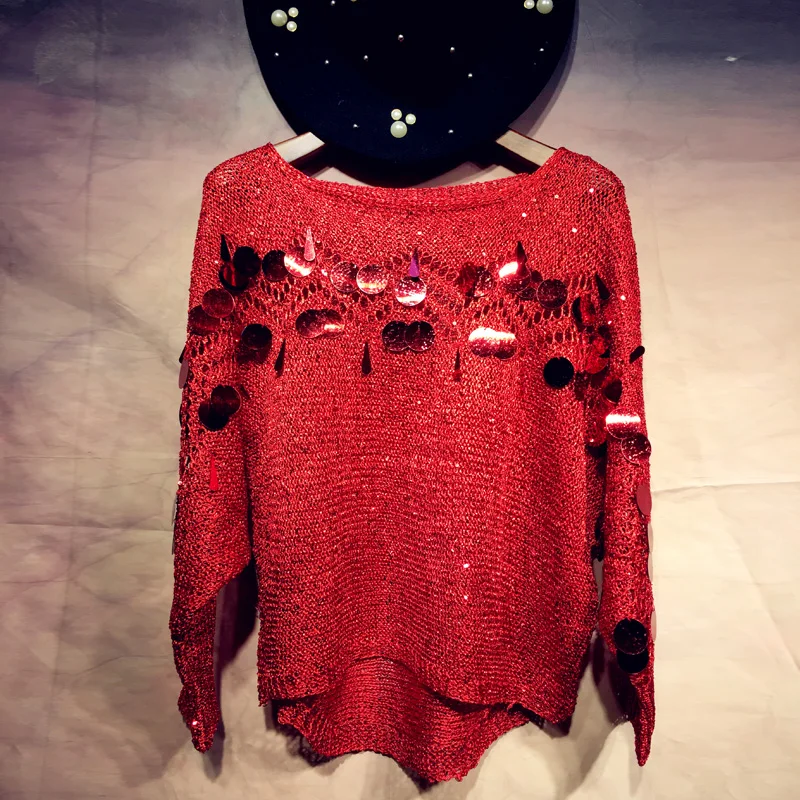 Женский крючок свитер с вырезами и блестками тонкий свободный пуловер дырками
