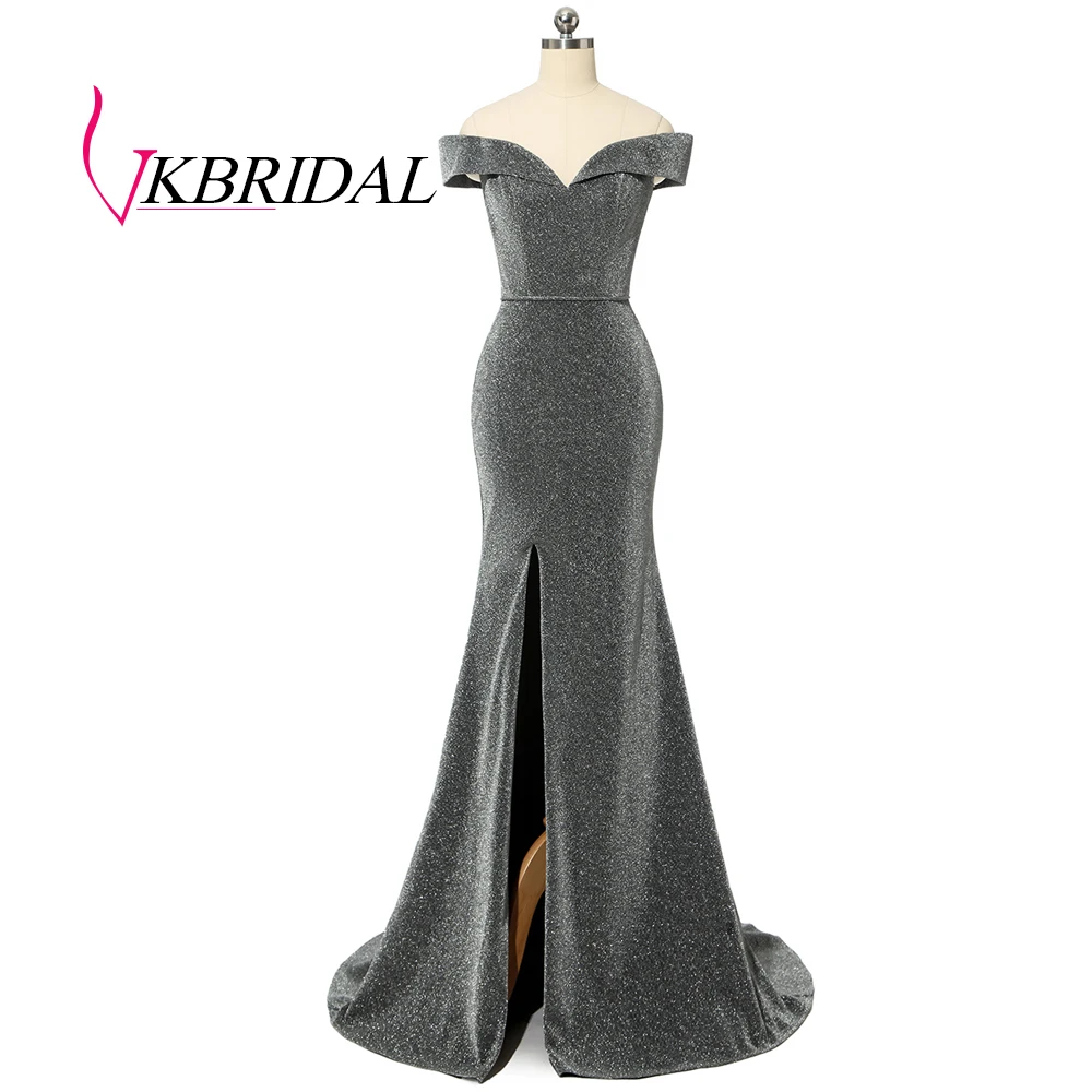 VKBRIDAL серое вечернее платье с открытыми плечами сексуальное блестящее платье с разрезом для выпускного вечера