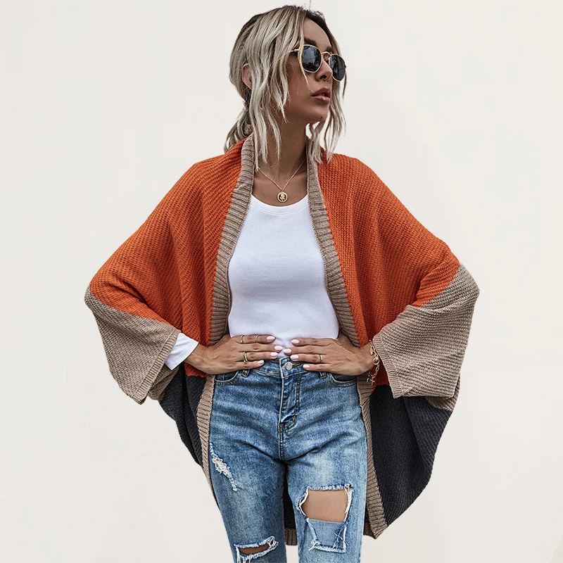 

OUSLEE Autumn Women Loose Knitted Cardigan Sweater Open Stitch Patcwork Batwing Sleeve Long Sleeve Outerwear Chic Tops