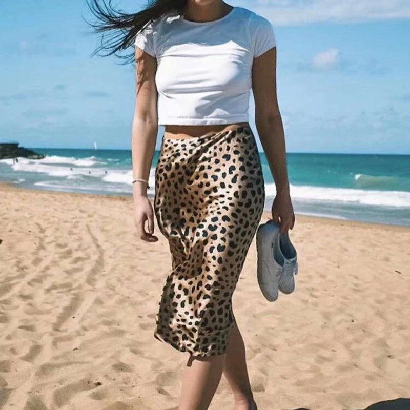 Юбка Женская средней длины с леопардовым принтом атласная винтажная