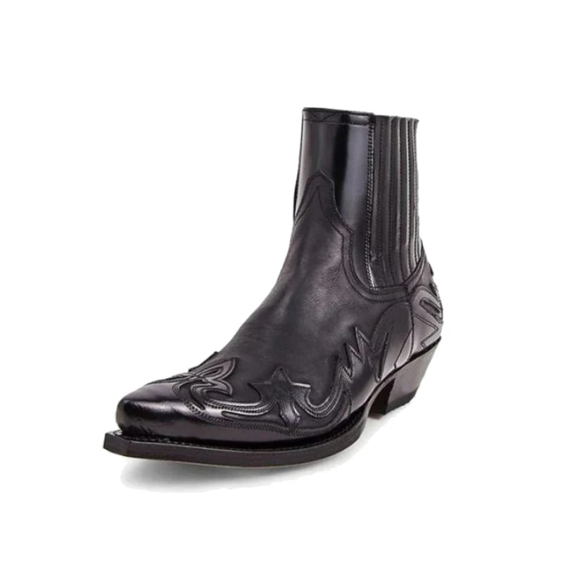 

Винтажные ковбойские короткие мужские кожаные сапоги, заостренная вышивка, плиссированные, без застежки, с принтом, удобные модные уличные ...