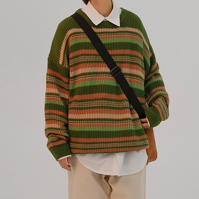 Корейский полосатый свитер с круглым вырезом для мужчин Осень зима 2020