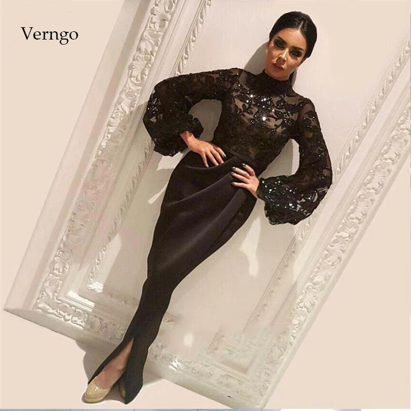 

Verngo Mermaid Evening Dresses Long Sleeves Vintage Formal Dress Black Lace Appliques Prom Dress Party Gowns Robe De Soiree