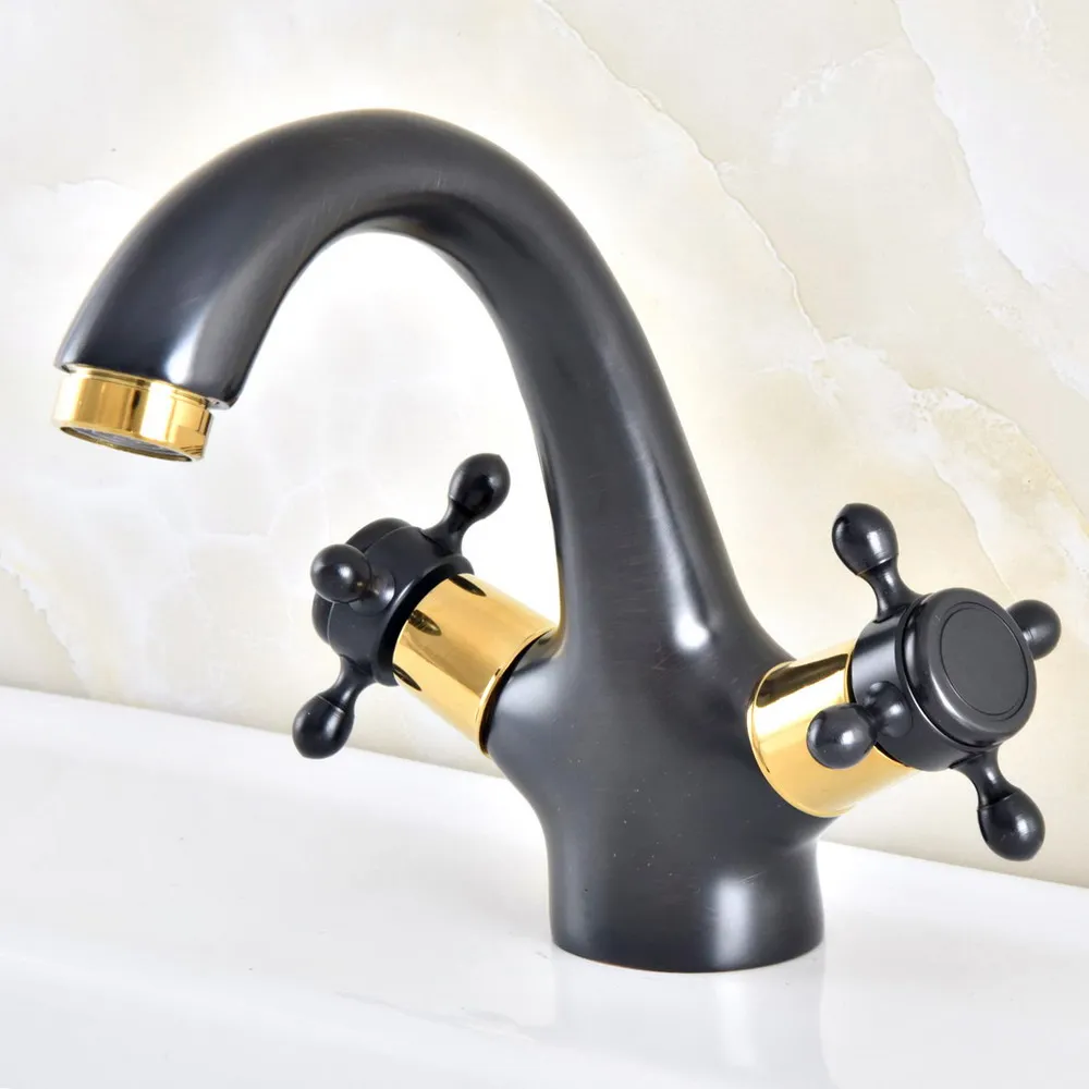 

Black Golden Brass Double Handle Bathroom Sink Faucet Vanity Hot Cold Mixer Water Tap Dnf476
