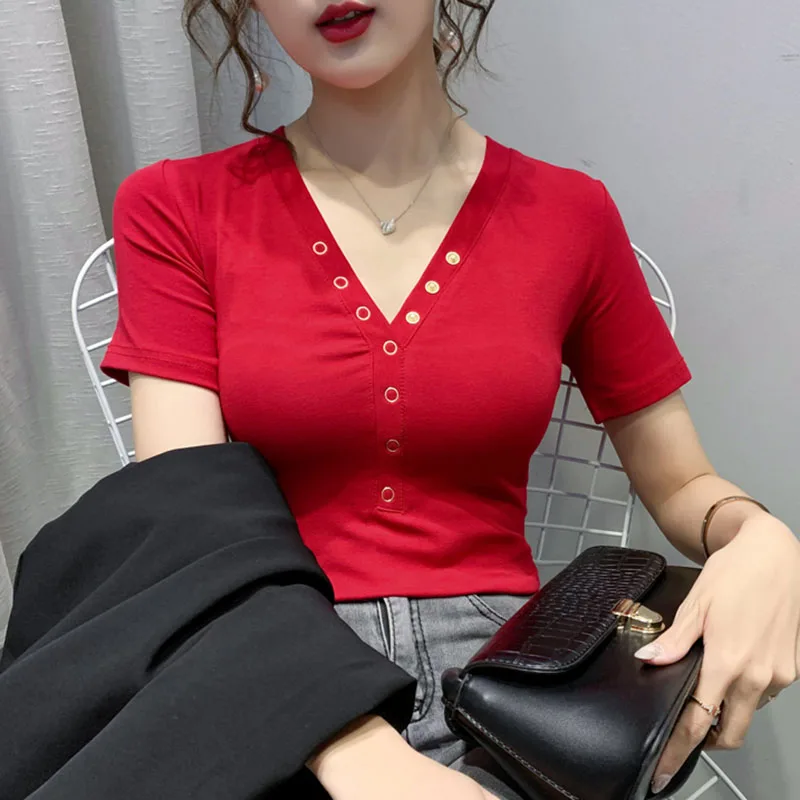 

shintimes Camisetas Mujer 2020 Summer Button T-shirt Women Black Slim Tshirt Korean Style Clothes Sexy V-Neck Tee Shirt Femme