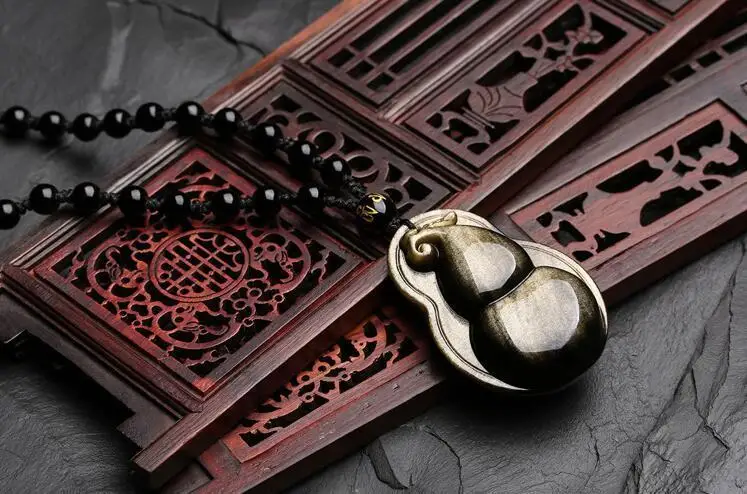 LETSFUN ювелирные изделия 100% натуральное золото Обсидиан Резной китайский