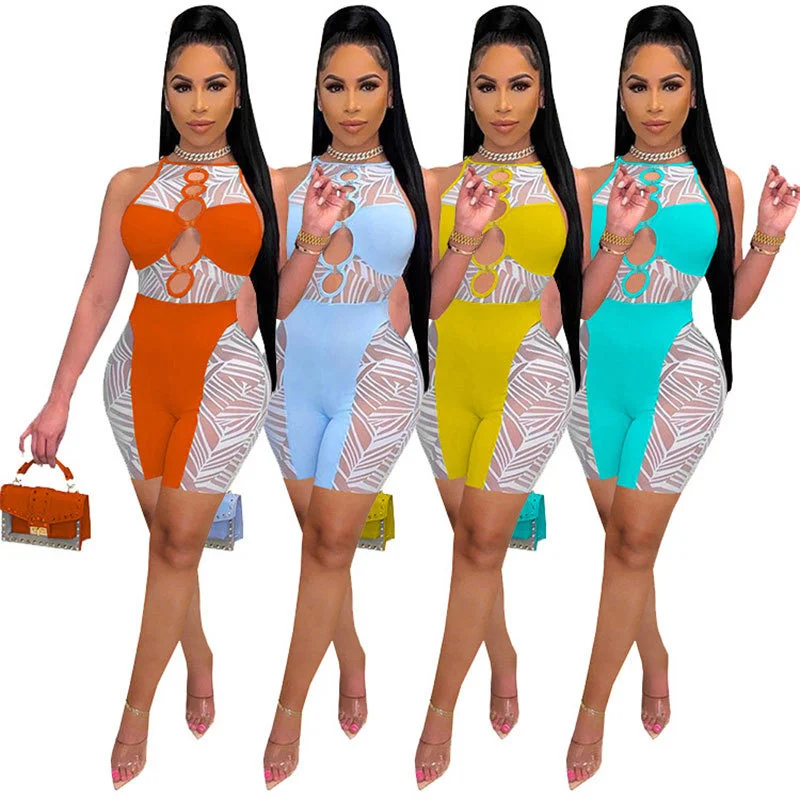

Cutubly Ladies Jumpsuits And Rompers Print Summer Skinny Casual Jumpsuits For Women Hollow Out O Neck Mesh Sleeveless Playsuit