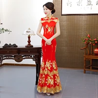 women sexy elegant chinese mermaid dress sweet embroidery chinese traditional bride wedding cheongsam long lace vintage qipao