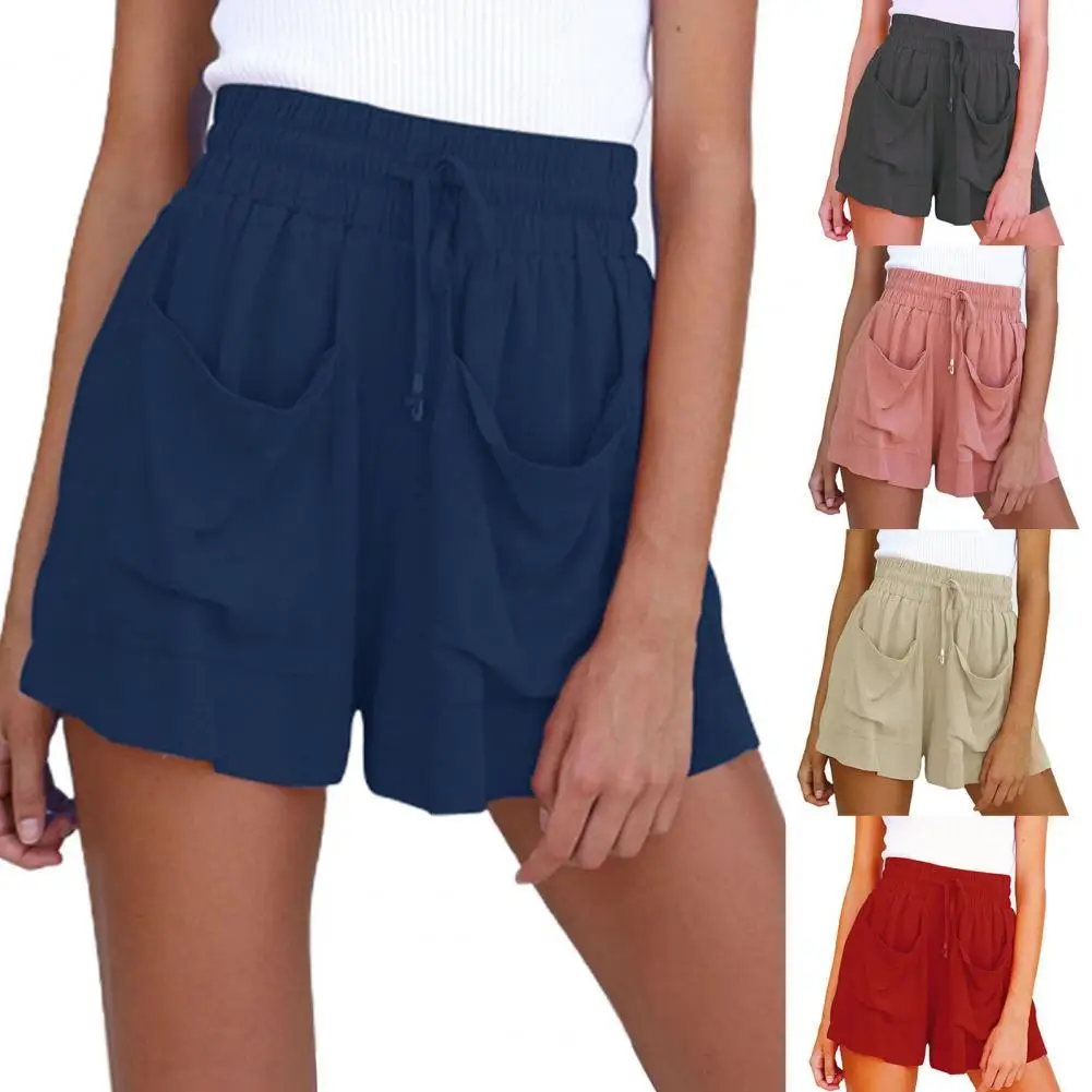 

Женские шорты с завышенной талией, летние однотонные шорты с широкими штанинами и шнурком для офиса