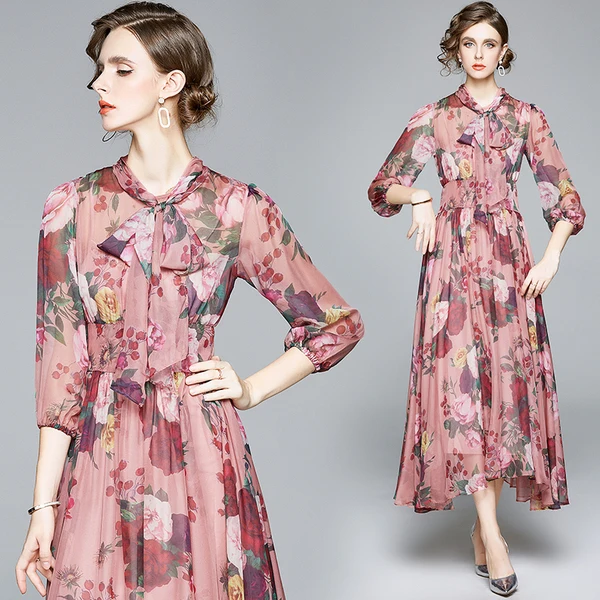

Runway Fall Chiffon Dress Women Bow Neck Three Quarter Sleeve Flower Print Pleated Long Dresses Plus Size Bohemian Floral Dress