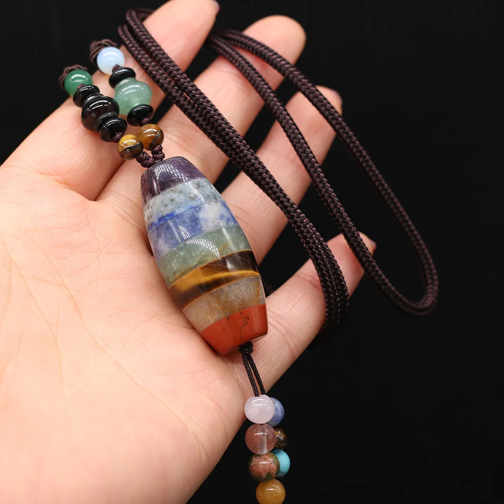 

Natural Stone Agates Quartz Crystal Wax Thread Necklace Pendants Accessories for Women Gift Size 20x43mm Length 70cm