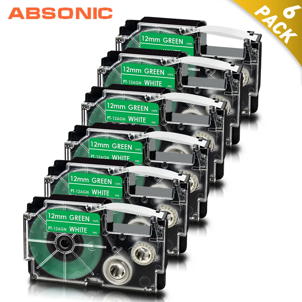 

Absonic 6PK White on Green 12mm Label Tape for Casio XR-12AGN XR12AGN Printer Ribbon Label Cartridge for Casio KL-60 Label Maker