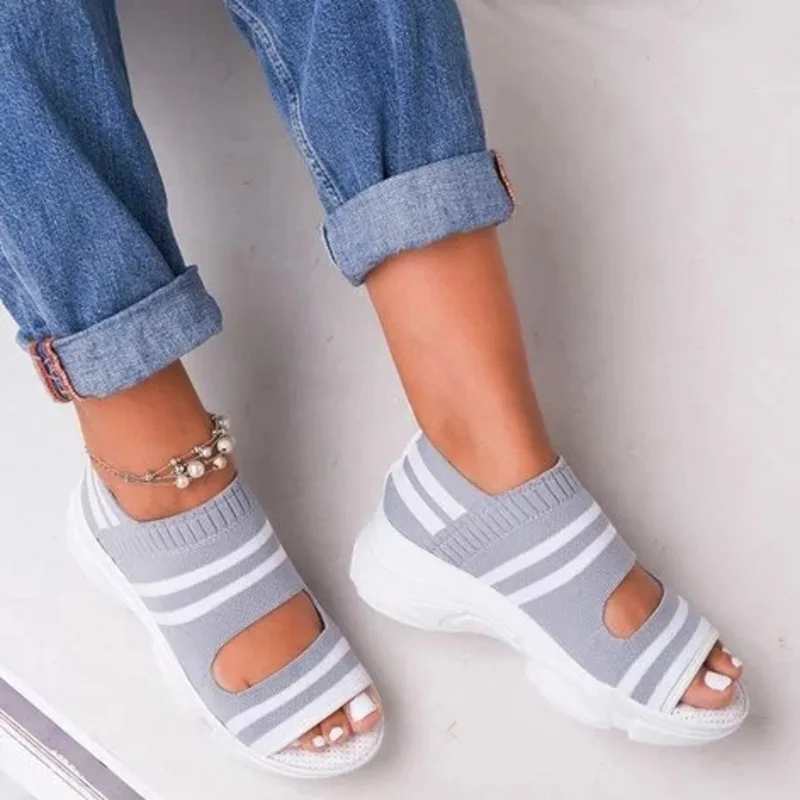 

2021 New Summer Women Casual Platform Sandals Female Fish Mouth Striped Mesh Thick Flat Shoes Woman Comfortable Summer Sandals