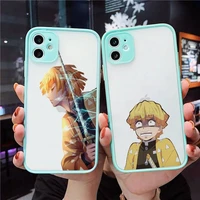 japan anime kimetsu no yaiba phone case for iphone 13 12 11 mini pro xr xs max 7 8 plus x matte transparent blue back cover