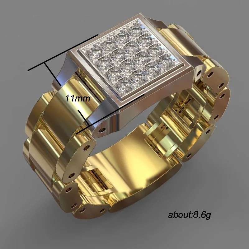 

Creative Two Tone Imitation Watchband CZ Stone Rings Mens Business Party Finger Ring Stylish Hip hop Rings Jewelry Wholesale