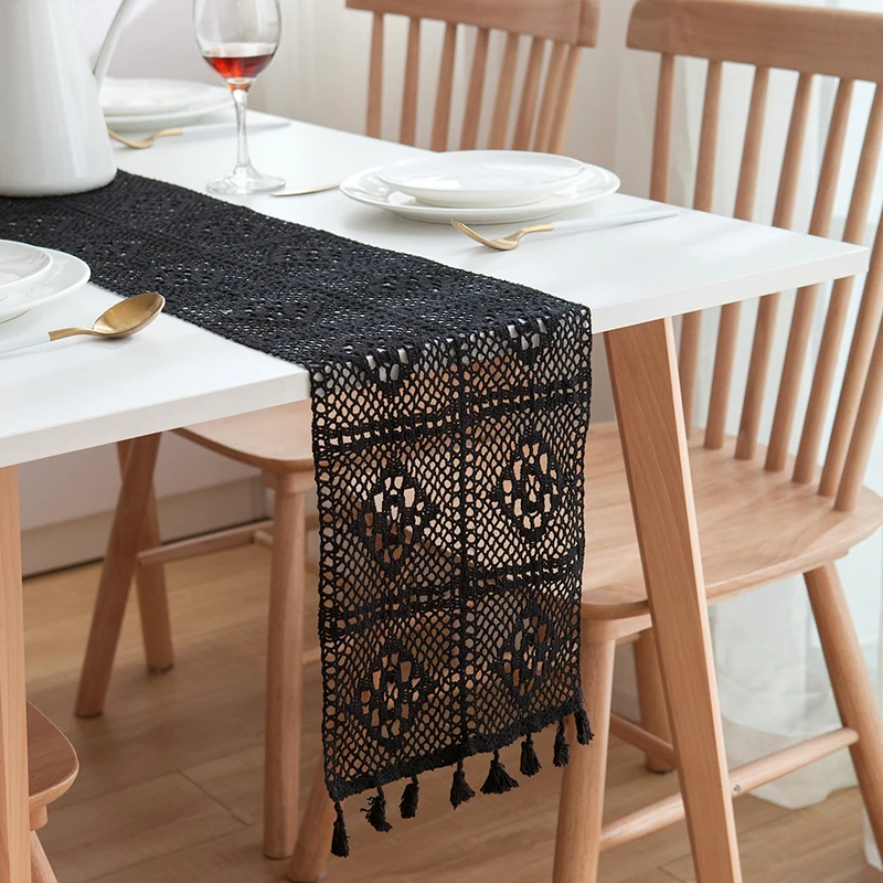 

Beige Lace Crochet Tassels Table Runner Cotton Hollow Romantic Wedding Decor Tablecloth Nordic Tables Flag Cloth Coffee Bed Flag