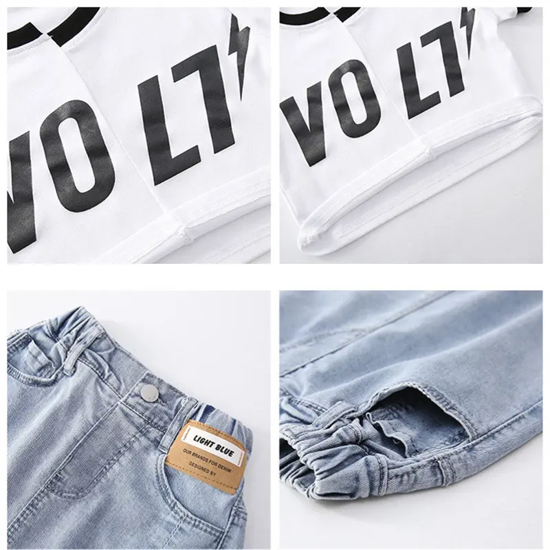 

Big Girls Skirt Suit Summer Children's Clothes Crop Top And Denim Skirt Split Two Pieces Outfits High Quality Teen Clothing Sets