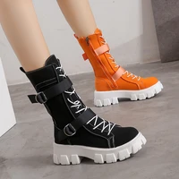 new platform comfortable boots mid calf flat boots female martin boots canvas high top shoes thick soled motorcycle boots