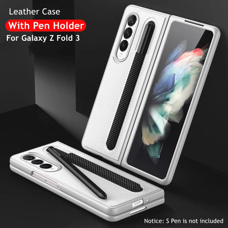 

Leather Case With Pen Holder For Samsung Galaxy Z Fold 3 Cover Full Protection Hard Case With S Pen Slot For Z Fold3 5G