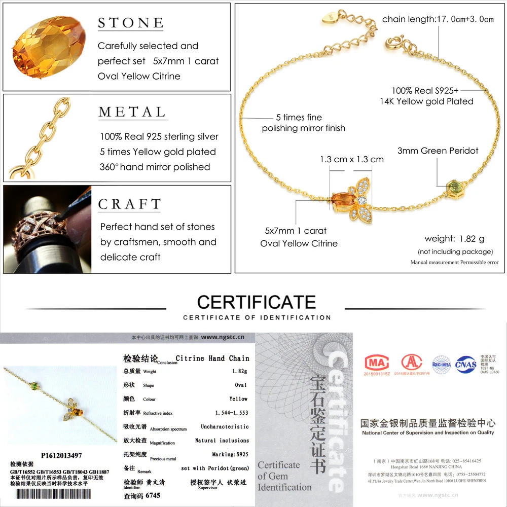 

LAMOON Cute Bee 925 Sterling Silver Bracelet Woman love Citrine Gemstones Jewelry 14K Gold Plated Designer Jewellery LMHI002